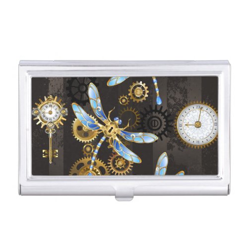 Steampunk Dragonflies on brown striped background Business Card Case