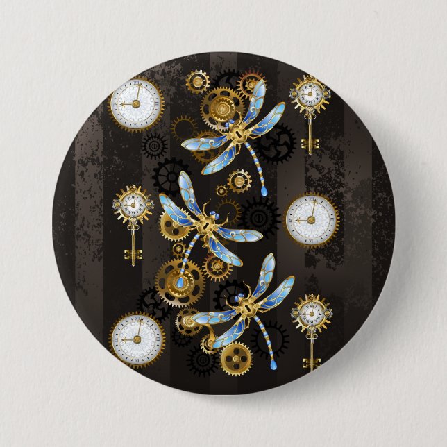 Steampunk Dragonflies on brown striped background Button (Front)