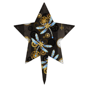 Steampunk Dragonflies on brown striped background Cake Topper