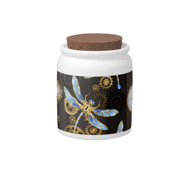 Steampunk Dragonflies on brown striped background Candy Jar (Front)