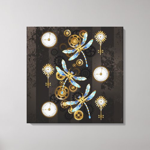 Steampunk Dragonflies on brown striped background Canvas Print