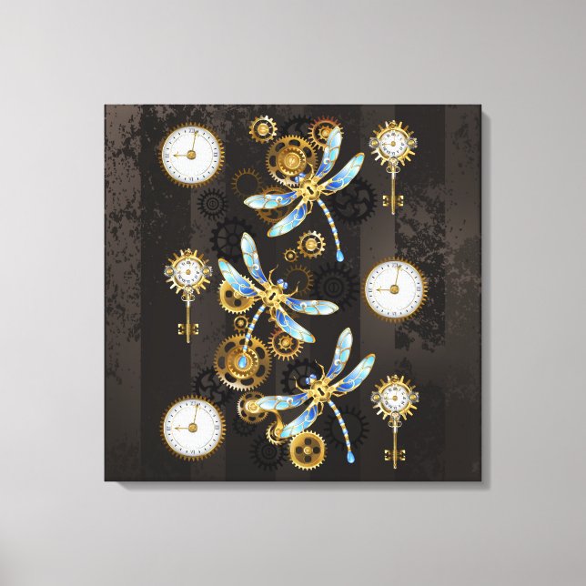 Steampunk Dragonflies on brown striped background Canvas Print (Front)