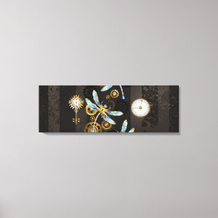 Steampunk Dragonflies on brown striped background Canvas Print