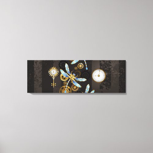 Steampunk Dragonflies on brown striped background Canvas Print