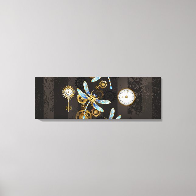 Steampunk Dragonflies on brown striped background Canvas Print (Front)