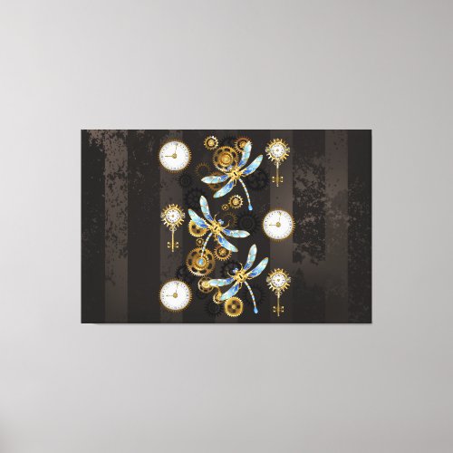 Steampunk Dragonflies on brown striped background Canvas Print