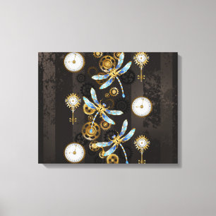 Steampunk Dragonflies on brown striped background Canvas Print
