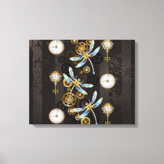 Steampunk Dragonflies on brown striped background Canvas Print (Front)