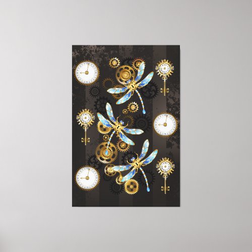 Steampunk Dragonflies on brown striped background Canvas Print