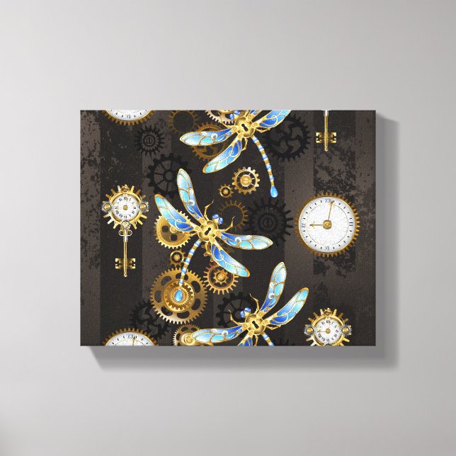 Steampunk Dragonflies on brown striped background Canvas Print (Front)
