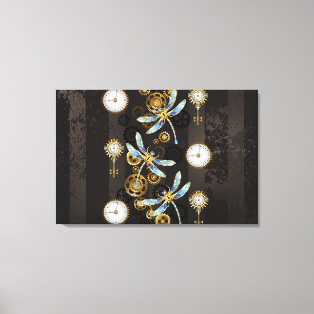 Steampunk Dragonflies on brown striped background Canvas Print (Front)