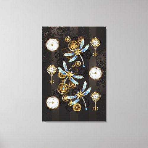 Steampunk Dragonflies on brown striped background Canvas Print