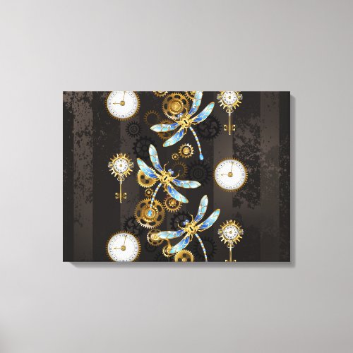 Steampunk Dragonflies on brown striped background Canvas Print