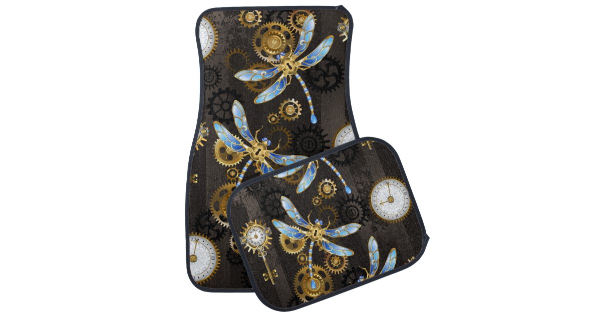 Steampunk Dragonflies on brown striped background Car Floor Mat Zazzle