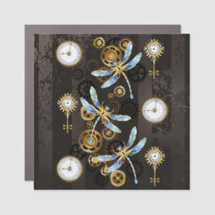 Steampunk Dragonflies on brown striped background Car Magnet