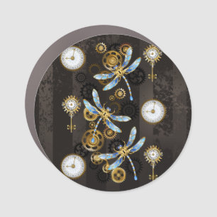 Steampunk Dragonflies on brown striped background Car Magnet