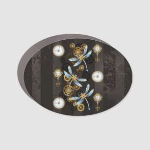 Steampunk Dragonflies on brown striped background Car Magnet