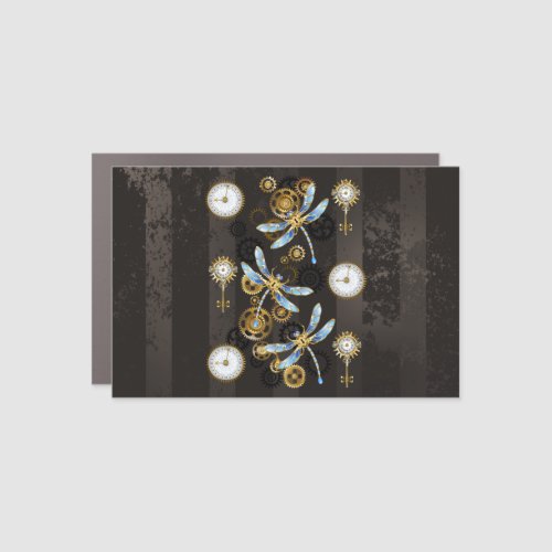 Steampunk Dragonflies on brown striped background Car Magnet