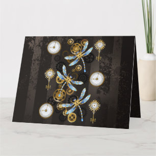 Steampunk Dragonflies on brown striped background Card