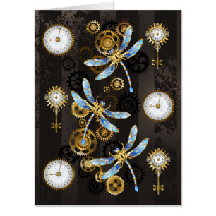 Steampunk Dragonflies on brown striped background Card