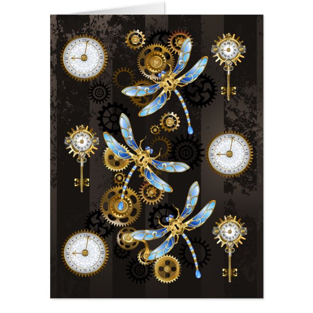 Steampunk Dragonflies on brown striped background Card (Front)