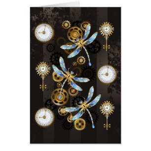 Steampunk Dragonflies on brown striped background Card