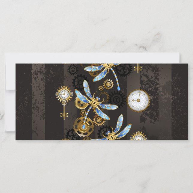Steampunk Dragonflies on brown striped background Card (Front)
