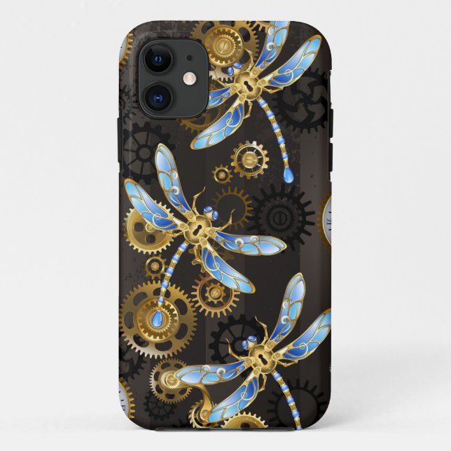 Steampunk Dragonflies on brown striped background Case-Mate iPhone Case (Back)