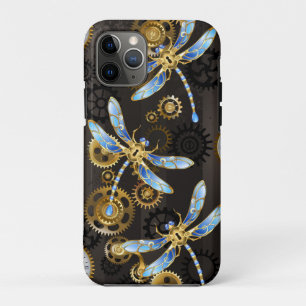 Steampunk Dragonflies on brown striped background iPhone 11 Pro Case