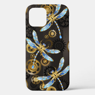 Steampunk Dragonflies on brown striped background iPhone 12 Case