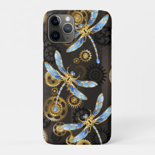 Steampunk Dragonflies on brown striped background iPhone 11 Pro Case