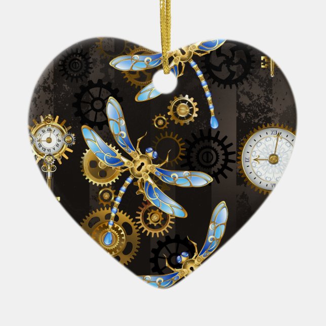 Steampunk Dragonflies on brown striped background Ceramic Ornament (Front)