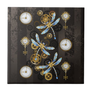 Steampunk Dragonflies on brown striped background Ceramic Tile