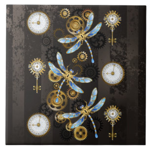 Steampunk Dragonflies on brown striped background Ceramic Tile