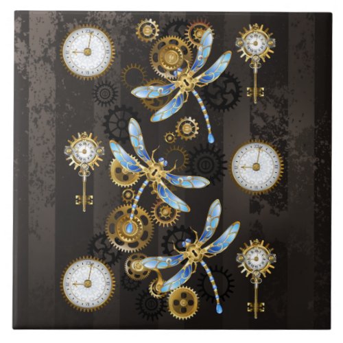 Steampunk Dragonflies on brown striped background Ceramic Tile