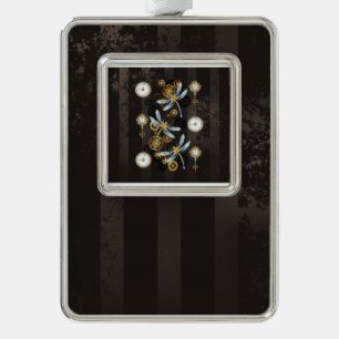 Steampunk Dragonflies on brown striped background Christmas Ornament