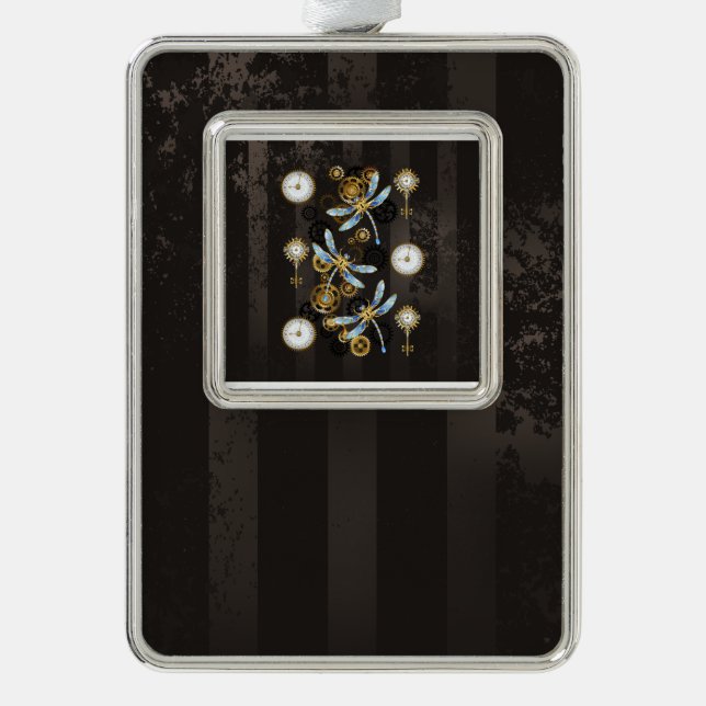 Steampunk Dragonflies on brown striped background Christmas Ornament (Front)