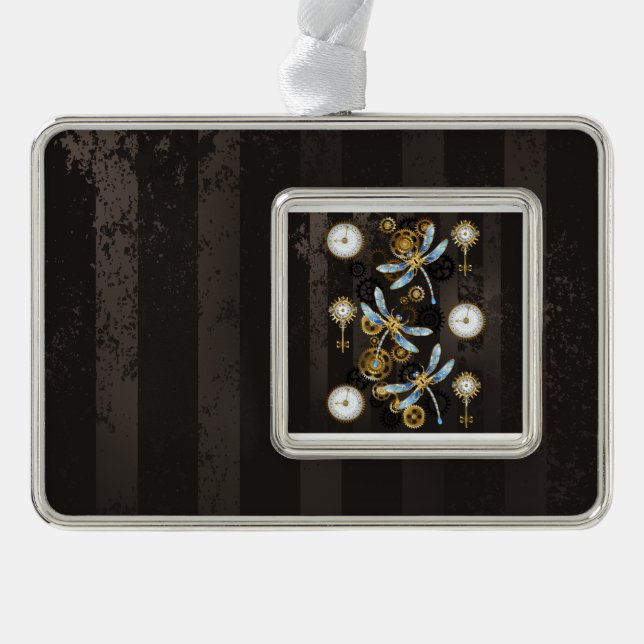 Steampunk Dragonflies on brown striped background Christmas Ornament (Front)
