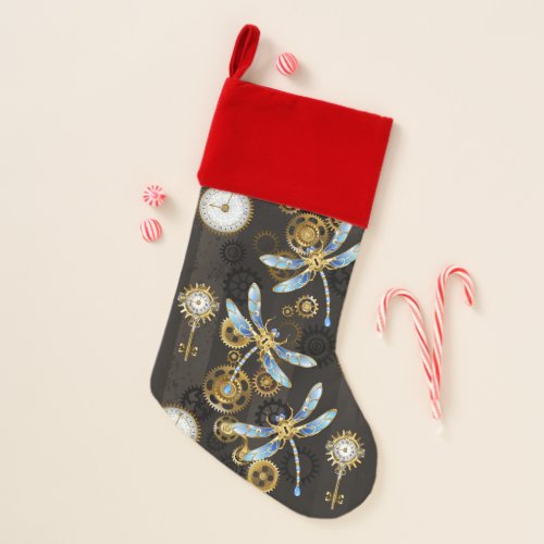 Steampunk Dragonflies on brown striped background Christmas Stocking