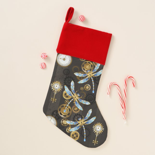 Steampunk Dragonflies on brown striped background Christmas Stocking (Front)