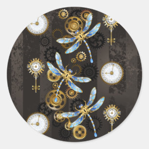 Steampunk Dragonflies on brown striped background Classic Round Sticker