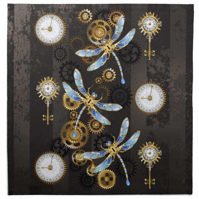 Steampunk Dragonflies on brown striped background Cloth Napkin (Front)