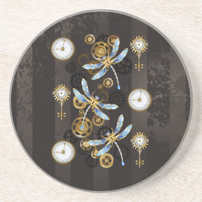 Steampunk Dragonflies on brown striped background Coaster (Front)