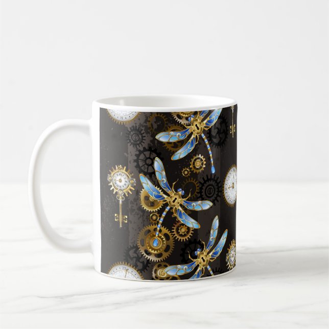 Steampunk Dragonflies on brown striped background Coffee Mug (Left)