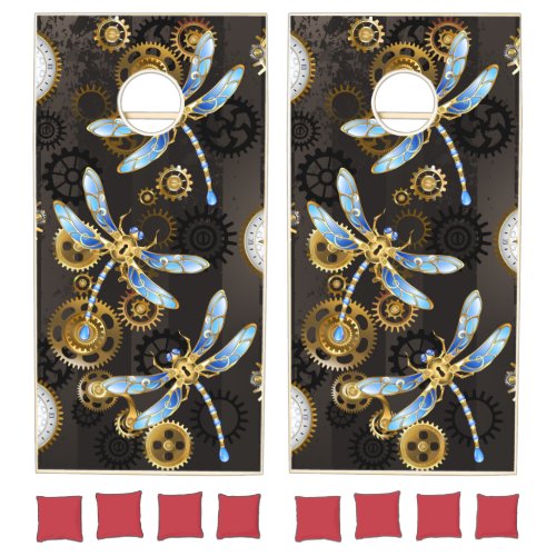 Steampunk Dragonflies on brown striped background Cornhole Set