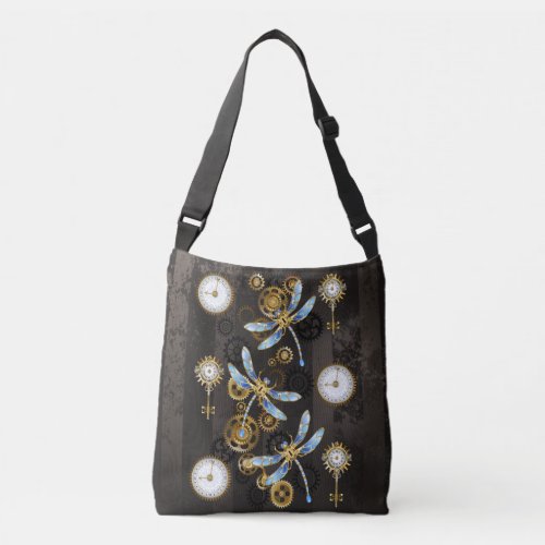 Steampunk Dragonflies on brown striped background Crossbody Bag