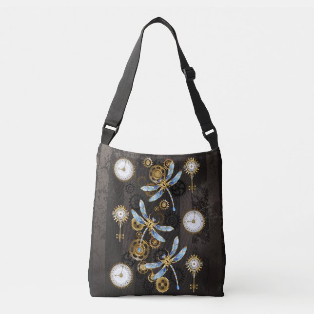 Steampunk Dragonflies on brown striped background Crossbody Bag (Front)