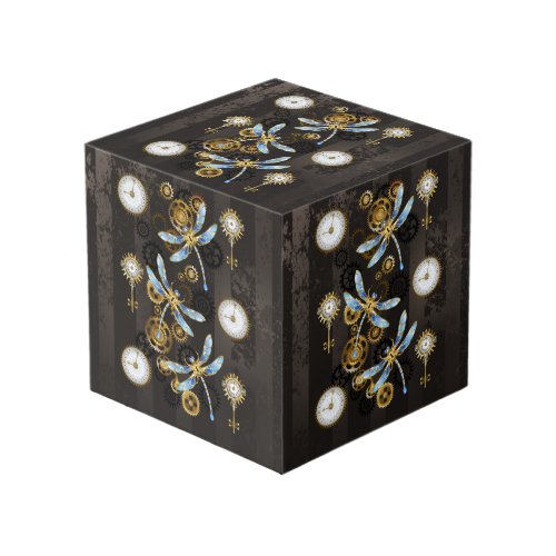 Steampunk Dragonflies on brown striped background Cube