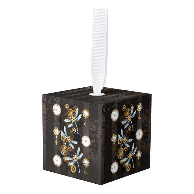 Steampunk Dragonflies on brown striped background Cube Ornament (Front Angled)