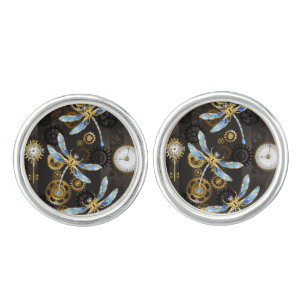 Steampunk Dragonflies on brown striped background Cufflinks